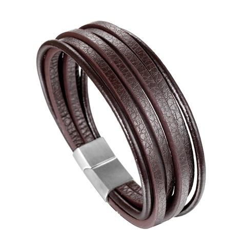 Herren Mehrlagiges Geflochtenes Lederarmband Vintage Edelstahl Magnetverschluss Braun Wrap Armreif Mode Schmuck