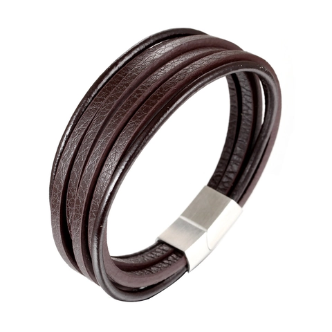 Herren Mehrlagiges Geflochtenes Lederarmband Vintage Edelstahl Magnetverschluss Braun Wrap Armreif Mode Schmuck