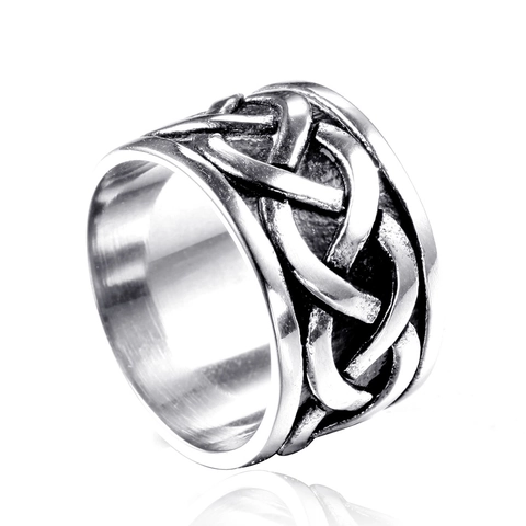 Vintage Titanium Steel Celtic Knot Braided Band Ring For Men Retro Oxidized Punk Gothic Wide Band Ring Fashion Jewelry Gift