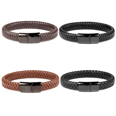 Bracciale Minimalista in Pelle Intrecciata con Chiusura in Acciaio Inossidabile per Uomo Polsino Tessuto a Mano Gioielli Regalo