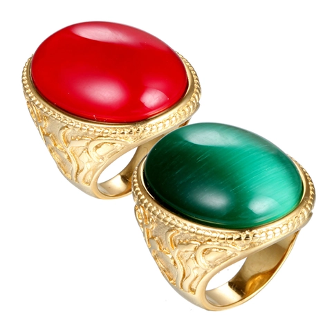 Men Retro Stainless Steel Ring 18K Gold Plated Red Green Rhinestone Geometric Relief Vintage Fashion Band Ring Jewelry