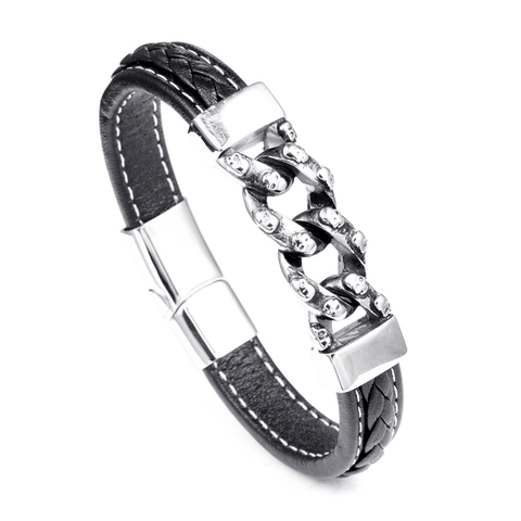 Punk Edelstahl Totenkopf Armband Für Herren Schwarz Geflochtenes Leder Kette Doppellagig Magnetverschluss Hip Hop Schmuck