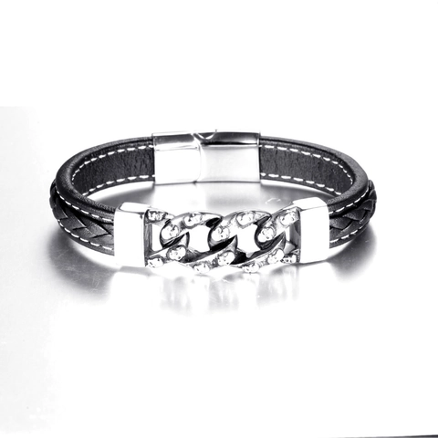 Punk Edelstahl Totenkopf Armband Für Herren Schwarz Geflochtenes Leder Kette Doppellagig Magnetverschluss Hip Hop Schmuck