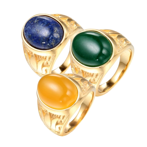 Vintage Herren Titanstahl Ring Oval Gelb Grün Lila Strass Gold Vergoldet Retro Geprägt Mode Schmuck Ring