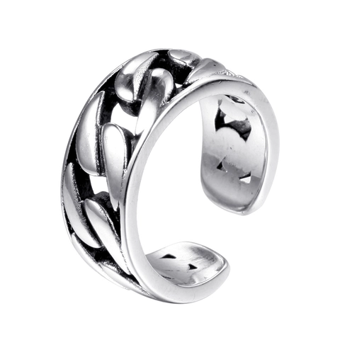 Vintage Stainless Steel Cuban Link Open Ring For Men Women Punk Hip Hop Adjustable Chain Finger Ring Fashion Jewelry Silver Color