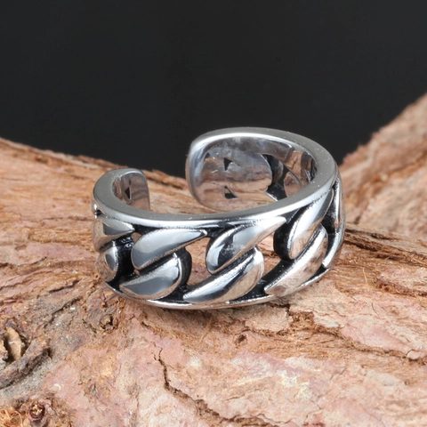 Vintage Stainless Steel Cuban Link Open Ring For Men Women Punk Hip Hop Adjustable Chain Finger Ring Fashion Jewelry Silver Color