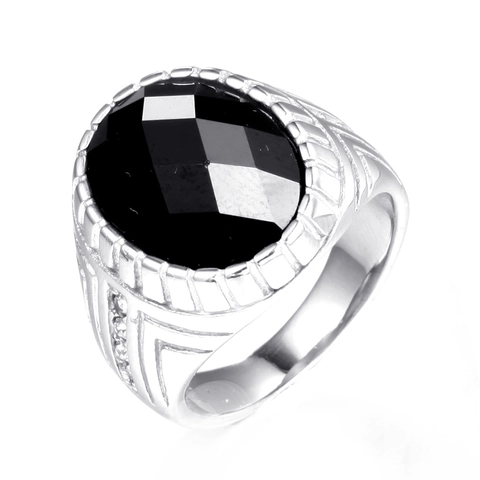 Anillo Vintage para Hombre de Acero Inoxidable con Piedra Ovalada Incrustada Banda Grabada Geométrica Joyería de Moda