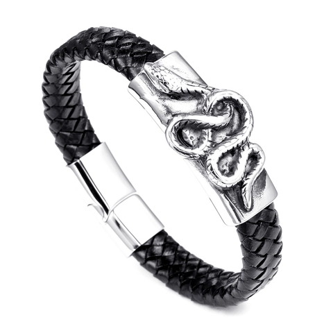 Bracciale in Pelle Intrecciata Retro Punk per Uomo Donna Ciondolo Serpente in Acciaio al Titanio Gioielli di Moda Streetwear Gotico