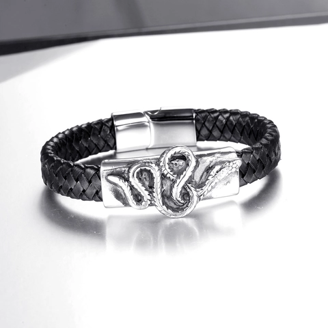 Bracciale in Pelle Intrecciata Retro Punk per Uomo Donna Ciondolo Serpente in Acciaio al Titanio Gioielli di Moda Streetwear Gotico
