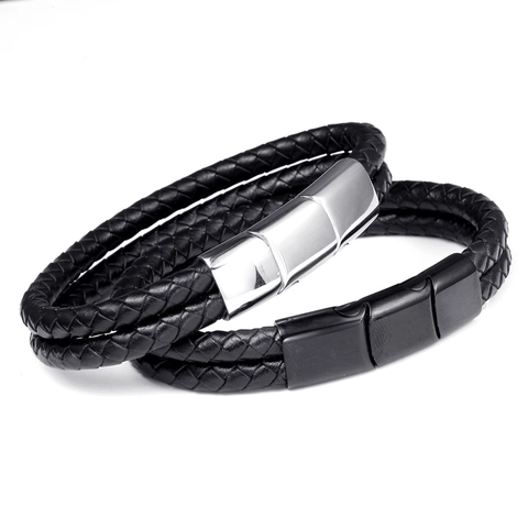 Herren Verstellbares Edelstahl Geflochtenes Lederseil Armband Mode Lässige Industrie Doppel Schicht Schnur Armreif Schmuck
