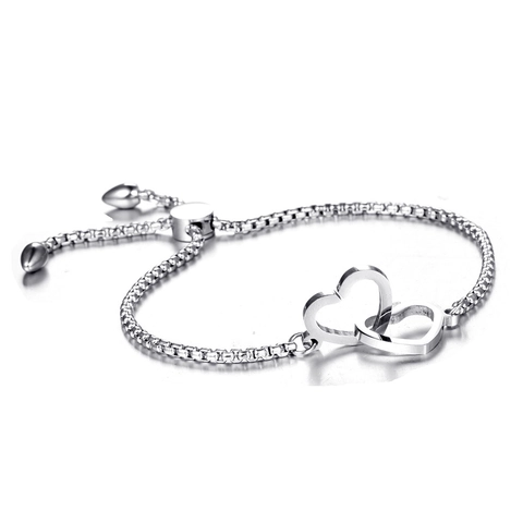 Pulsera Ajustable de Acero Inoxidable con Doble Corazón Entrelazado Cadena de Caja Oro Plata Color Joyería Regalo