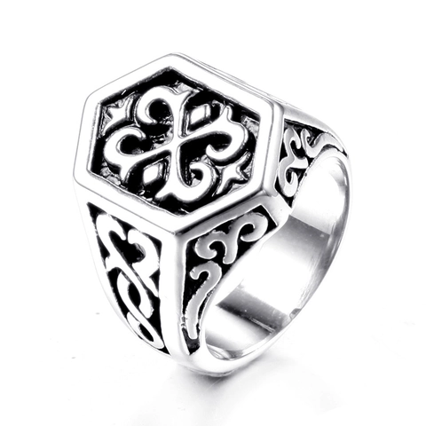 Anillo Tótem de Cruz Hexagonal de Acero Inoxidable 316L Retro Joyería Punk Gótica para Hombre Banda Grabada Vintage
