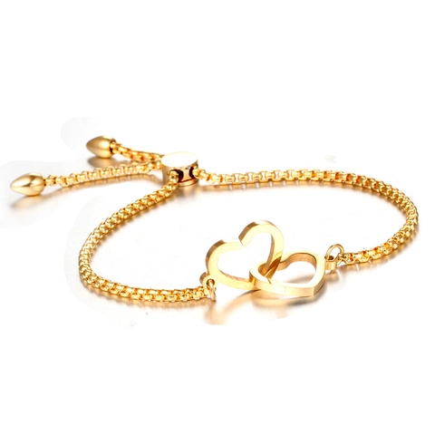 Pulsera Ajustable de Acero Inoxidable con Doble Corazón Entrelazado Cadena de Caja Oro Plata Color Joyería Regalo