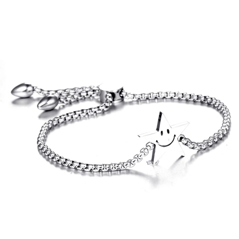 Adjustable Stainless Steel Star Smiley Face Bracelet For Women Polished Box Chain Bolo Slide Minimalist Fashion Jewelry Gift