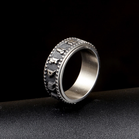 Vintage Titanstahl Drehring Buddhistisches Mantra Relief Spinner Religiöser Schmuck Bandring Für Herren Damen