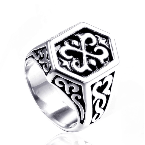 Anillo Tótem de Cruz Hexagonal de Acero Inoxidable 316L Retro Joyería Punk Gótica para Hombre Banda Grabada Vintage