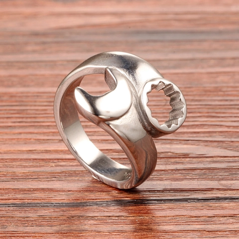 Creative Wrench Shaped Open Ring Stainless Steel Mechanical Punk Industrial Style Biker Ring For Men Fashion Jewelry Gift