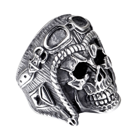 Vintage Heren Schedel Piloot Ring Titanium Staal Tweekleurig Goud Zilver Punk Biker Skelet Helm Relief Vingerring Sieraden