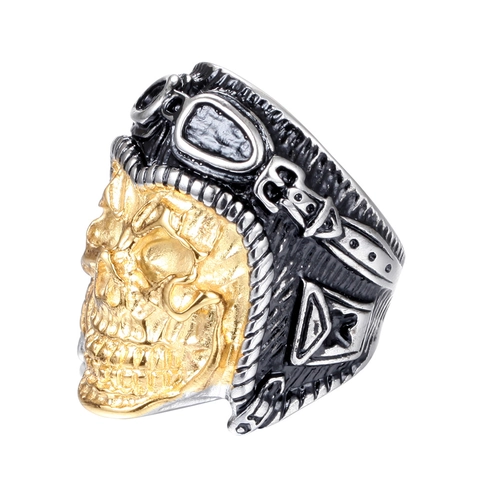 Vintage Heren Schedel Piloot Ring Titanium Staal Tweekleurig Goud Zilver Punk Biker Skelet Helm Relief Vingerring Sieraden