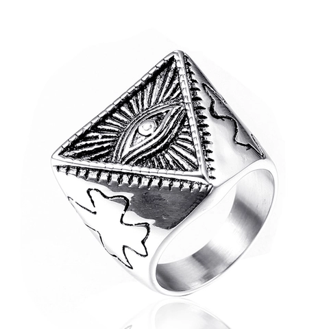 Anillo de Acero de Titanio Vintage Ojo de la Providencia para Hombres Mujeres Triángulo Punk Gótico Anillo de Dedo Joyería Misteriosa