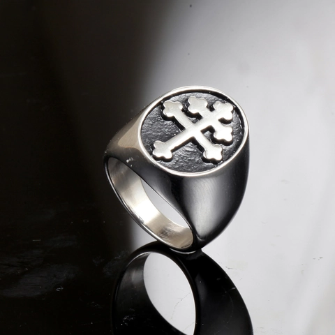 Heren Vintage Titaniumstaal Zegelring Gotisch Patriarchaal Kruis Ring Zwart Gepolijst Religieuze Punk Sieraden Cadeau