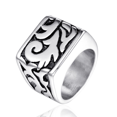 Vintage Punk Stainless Steel Signet Ring For Men Retro Floral Relief Embossed Distressed Biker Gothic Finger Ring Jewelry