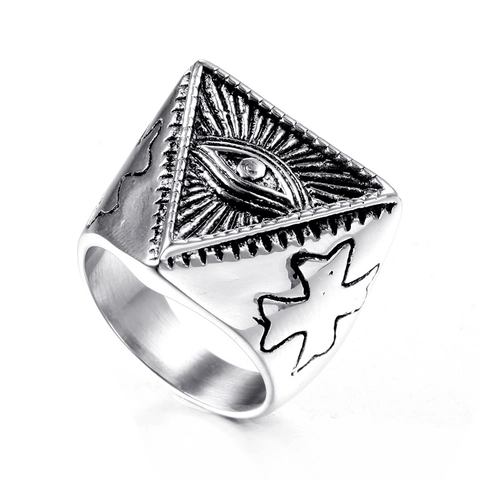 Anillo de Acero de Titanio Vintage Ojo de la Providencia para Hombres Mujeres Triángulo Punk Gótico Anillo de Dedo Joyería Misteriosa