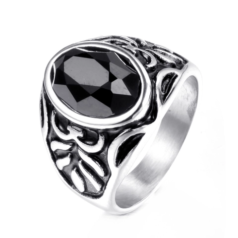 Anillo de Acero Inoxidable para Hombre Vintage Estrás Negro Ovalado Bicolor Dorado Relieve Animal Gótico Punk Joyería Retro
