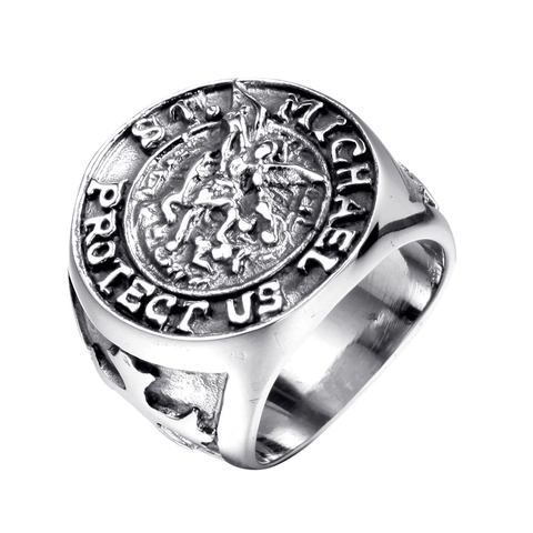 Anillo de Sello Vintage de Acero Inoxidable Arcángel San Miguel Religioso Biker Gótico Amuleto Joyería Retro para Hombre