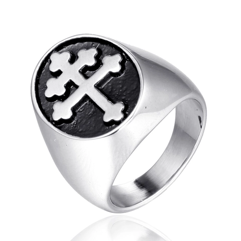 Heren Vintage Titaniumstaal Zegelring Gotisch Patriarchaal Kruis Ring Zwart Gepolijst Religieuze Punk Sieraden Cadeau