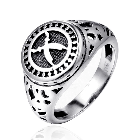 Vintage Titanium Steel Eagle Zulfiqar Sword Signet Ring For Men Retro Hollow Pattern Electroplated Punk Biker Jewelry Finger Ring
