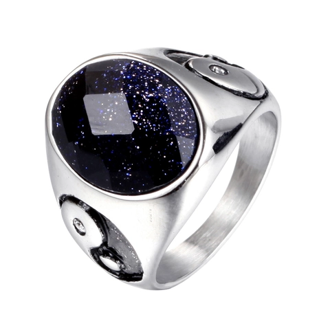 Vintage Stainless Steel Ring For Men Women Gold Silver Plated Oval Blue Sandstone Green Cat Eye Yin Yang Tai Chi Signet Ring
