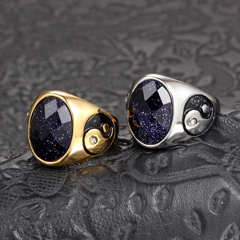 Stainless Steel Tai Chi Yin Yang Ring For Men Women Blue Sandstone Tiger Eye Rhinestone Inlaid Vintage Religious Punk Jewelry