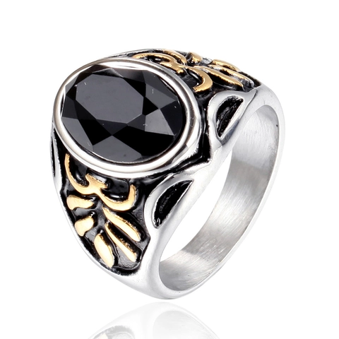 Anillo de Acero Inoxidable para Hombre Vintage Estrás Negro Ovalado Bicolor Dorado Relieve Animal Gótico Punk Joyería Retro