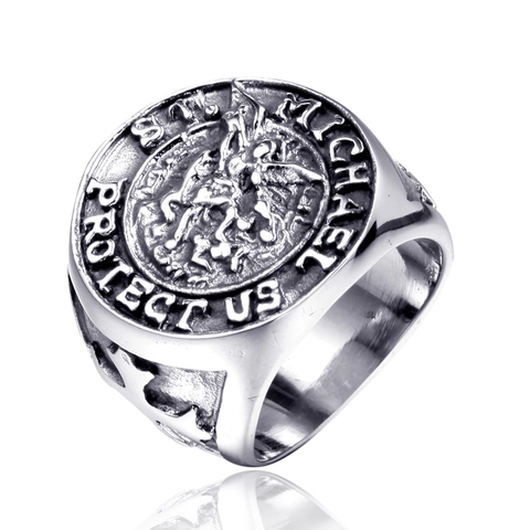 Anillo de Sello de Acero Inoxidable Vintage San Miguel Protégenos para Hombre Relieve de Arcángel Religioso Cruz Joyería Punk
