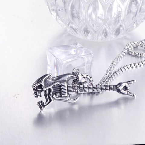 Rock Punk Guitar Skull Pendant For Men Stainless Steel Gothic Music Instrument Pendant Only Without Chain Fashion Jewelry