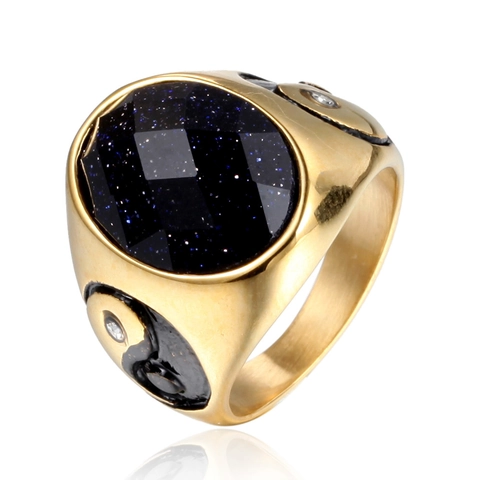 Vintage Stainless Steel Ring For Men Women Gold Silver Plated Oval Blue Sandstone Green Cat Eye Yin Yang Tai Chi Signet Ring