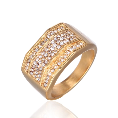 Anillo de Acero Inoxidable con Diamantes de Imitación para Hombre Dorado Plateado Geométrico Incrustado Joyería Hip Hop