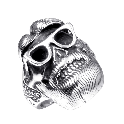 Anillo de Calavera Punk Vintage para Hombre de Acero Inoxidable Joyería Rock Biker Calavera Con Barba y Gafas de Sol Hip Hop