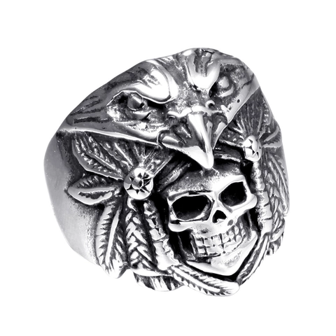 Anillo de Acero Inoxidable Vintage con Calavera y Águila para Hombre Estilo Jefe Indio Pluma Punk Rock Biker Joyería
