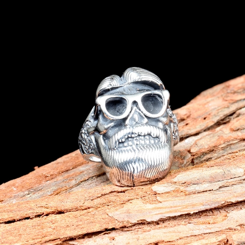 Anillo de Calavera Punk Vintage para Hombre de Acero Inoxidable Joyería Rock Biker Calavera Con Barba y Gafas de Sol Hip Hop