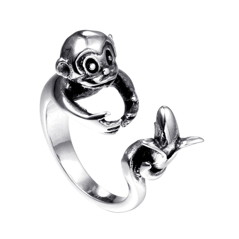 Vintage Punk Edelstahl Affe Umarmt Banane Ring Kreativ Verstellbar Offen Band Schmuck Für Herren Damen Alltagsdekor