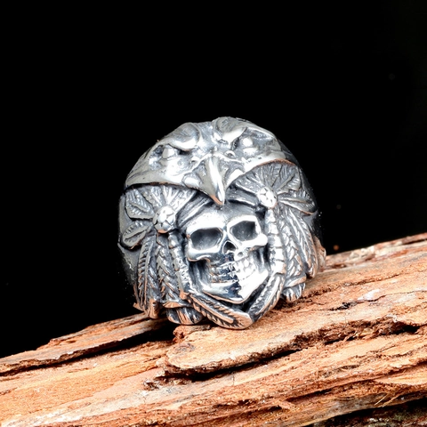 Anillo de Acero Inoxidable Vintage con Calavera y Águila para Hombre Estilo Jefe Indio Pluma Punk Rock Biker Joyería