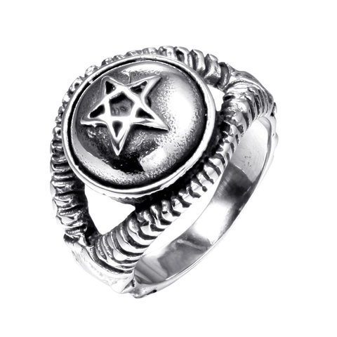Anello Pentagramma in Acciaio Inossidabile Retro per Uomo Punk Gotico Stella Rilievo Gioielli da Dito Argento Antico