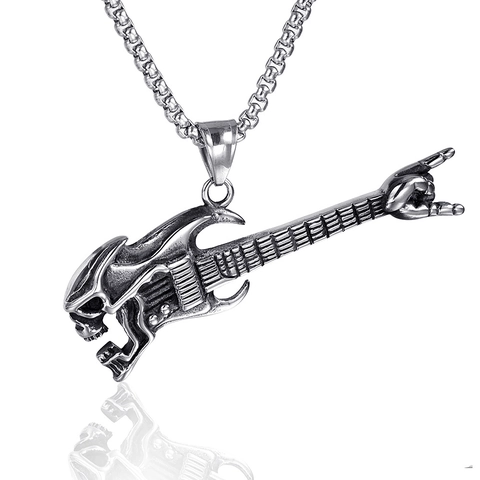 Rock Punk Guitar Skull Pendant For Men Stainless Steel Gothic Music Instrument Pendant Only Without Chain Fashion Jewelry