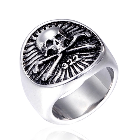 Vintage Herren Edelstahl Totenkopf Siegelring 322 Nummer Pirat Punk Gothic Schmuck Zweifarbig Gold Silber Ring