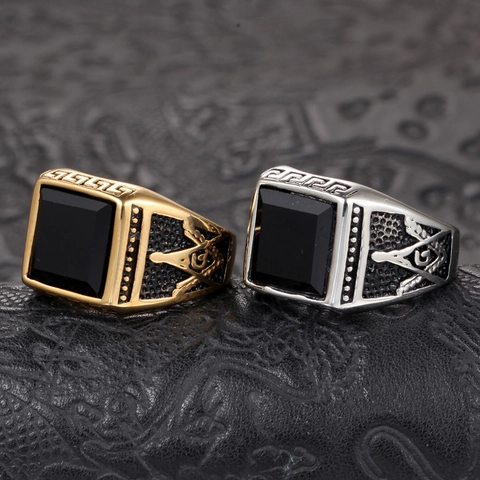 Freimaurer Herren Edelstahl Ring Retro Schwarzer Edelstein Quadrat Siegelring Griechisches Schlüsseldesign Polierter Modeschmuck