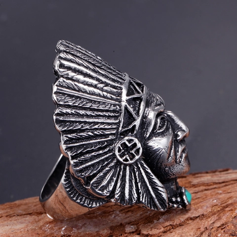 Vintage Stainless Steel Indian Chief Head Ring For Men With Turquoise Inlay Retro Ethnic Punk Biker Finger Jewelry