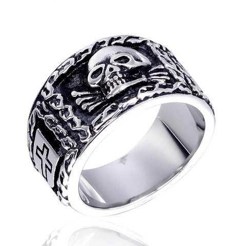 Anillo de Calavera y Cruz de Acero de Titanio Vintage para Hombre Gothic Punk Biker Band Anillo de Dedo Joyería de Rock Heavy Metal