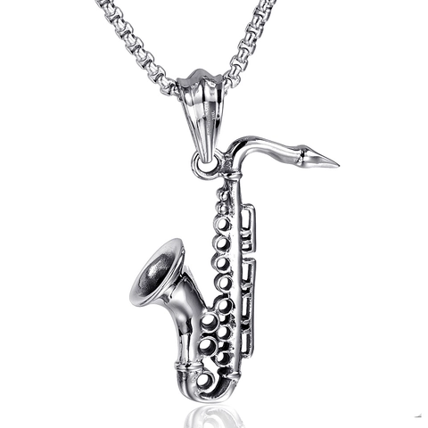 Punk Stainless Steel Saxophone Pendant Necklace For Men Music Theme Instrument Jewelry Gift Steel Color Pendant Only